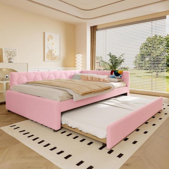 Sweiko Daybed, 140x200cm lit de jour, canapé-lit, lit avec sommier à lattes (sans matelas), avec lampe de chevet, avec lit gigogne multifonctionnel, connexion USB, type-C, matériau de confort, non-tissé imitation, rose
