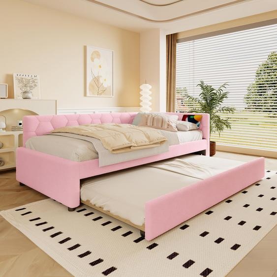 Sweiko Daybed, 90x200cm lit de jour, canapé-lit, lit avec sommier à lattes (sans matelas), avec lampe de chevet, avec lit gigogne multifonctionnel, connexion USB, type-C, matériau de confort, non-tissé imitation, rose