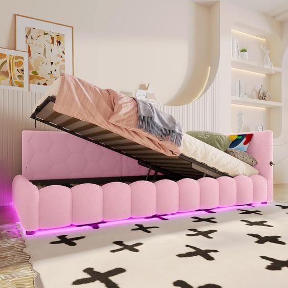 Sweiko Daybett, 90x200cm Lit de jour, canapé-lit, lit avec sommier à lattes (sans matelas), avec barre lumineuse LED, avec mécanisme de levage hydraulique, connexion USB, type-C, matériau de confort, non-tissé imitation, rose