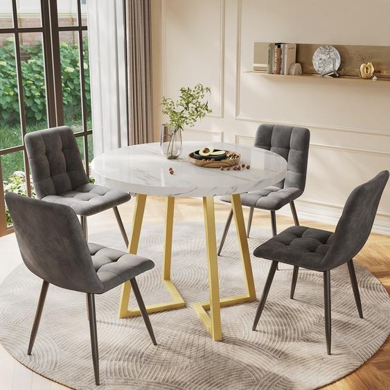 Sweiko Ensemble de table de salle à manger (5 pièces), ensemble de table de salle à manger avec 4 chaises, ensemble de table de cuisine moderne, table de cuisine ronde de 80 cm de diamètre avec pieds en métal doré, plateau de table en MDF blanc, chaises
