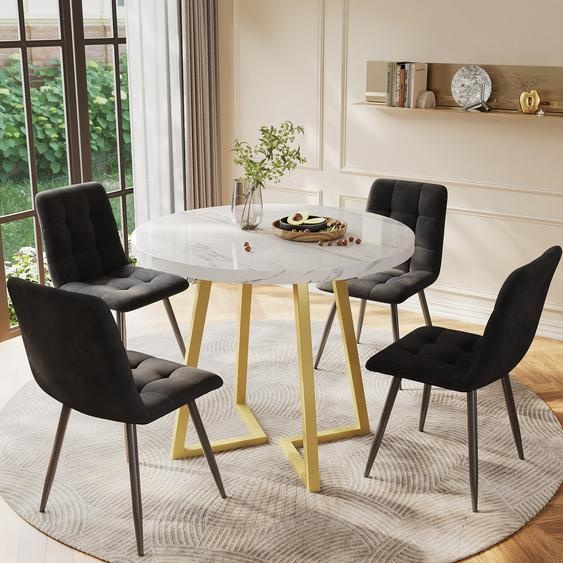 Sweiko Ensemble de table de salle à manger (5 pièces), ensemble de table de salle à manger moderne avec 4 chaises, ensemble de table de cuisine, table de cuisine ronde de 80 cm de diamètre avec pieds en métal doré, plateau en MDF blanc, chaises en velours