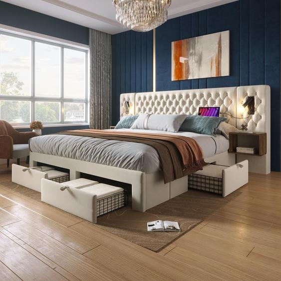 Sweiko Ensemble lit chambre à coucher complet, lit rembourré double 160×200 cm avec 2 tables de nuit et 4 tiroirs, tête de lit avec fonction de chargement USB, beige, velours (sans matelas)