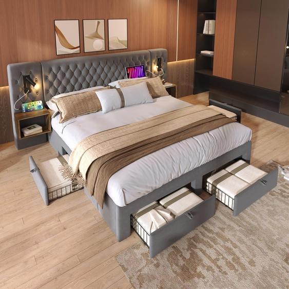 Sweiko Ensemble lit chambre à coucher complet, lit rembourré double 160×200 cm avec 2 tables de nuit et 4 tiroirs, tête de lit avec fonction de chargement USB, gris, velours (sans matelas)