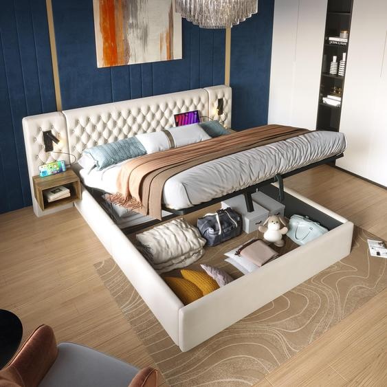Sweiko Ensemble lit chambre à coucher complet,Lit rembourré hydraulique Lit double de rangement 180×200 cm avec 2 tables de nuit, tête de lit avec fonction de chargement USB, beige, velours(sans matelas)