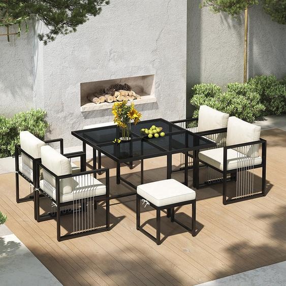 Sweiko Gartenlounge-Set,Set de 7 tables et chaises pour 6 personnes, table en verre trempé