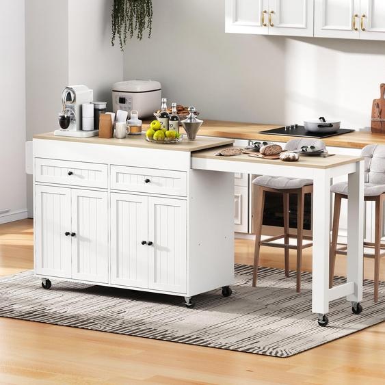 Sweiko îlot de cuisine sur roulettes, îlot de cuisine extensible avec plan de travail et tiroirs, îlot de cuisine mobile indépendant, idéal pour la cuisine et la salle à manger (Blanc+Naturel)
