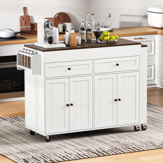 Sweiko îlot de cuisine sur roulettes, îlot de cuisine extensible avec plan de travail et tiroirs, îlot de cuisine mobile indépendant, idéal pour la cuisine et la salle à manger (blanc+noyer)