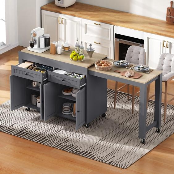 Sweiko îlot de cuisine sur roulettes, îlot de cuisine extensible avec plan de travail et tiroirs, îlot de cuisine mobile indépendant, idéal pour la cuisine et la salle à manger (Gris+Naturel)