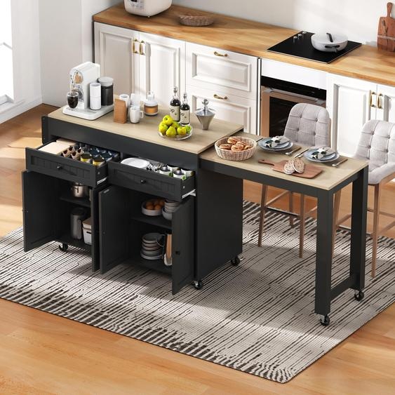 Sweiko îlot de cuisine sur roulettes, îlot de cuisine extensible avec plan de travail et tiroirs, îlot de cuisine mobile indépendant, idéal pour la cuisine et la salle à manger (Noir+Nature)