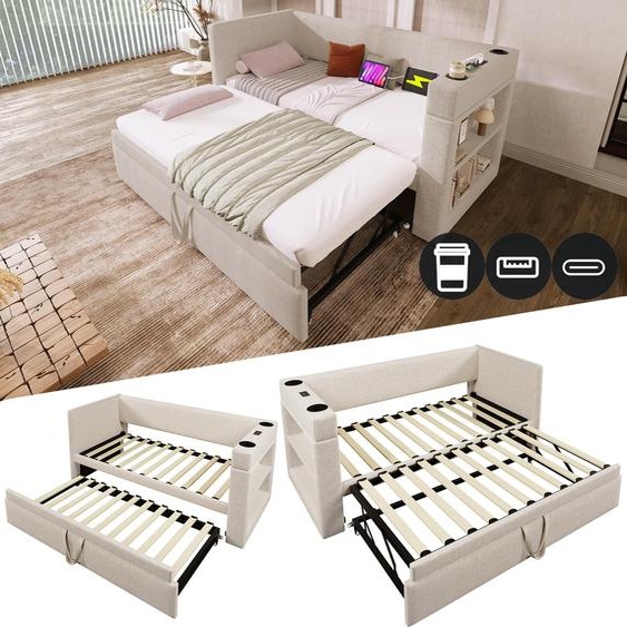 Sweiko Lit de jour rembourré 90x190 cm, lit simple Canapé-lit avec lit gigogne, accoudoirs avec prise de charge USB & Type-C et porte-boisson, lin mélangé, beige, sans matelas.