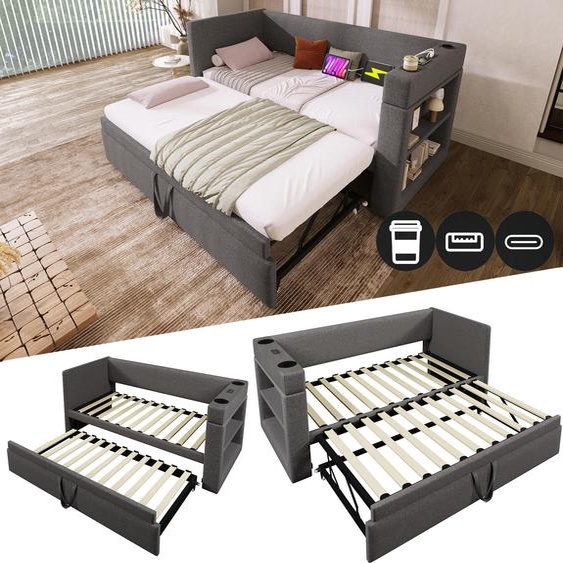 Sweiko Lit de jour rembourré 90x190 cm, lit simple Canapé-lit avec lit gigogne, accoudoirs avec prise de recharge USB & Type-C et porte-boisson, lin mélangé, gris, sans matelas.