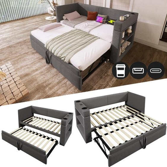 Sweiko Lit de jour rembourré 90x200 cm, lit simple Canapé-lit avec lit gigogne, accoudoirs avec prise de charge USB & Type-C et porte-boisson, lin mélangé, gris, sans matelas.