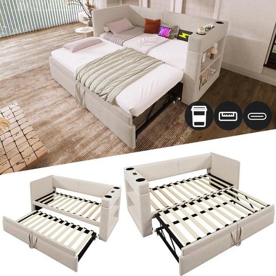Sweiko Lit de jour rembourré 90x200 cm, lit simple Canapé-lit avec lit gigogne, accoudoirs avec prise de recharge USB & Type-C et porte-boisson, lin mélangé, beige, sans matelas.