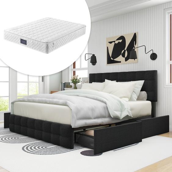 Sweiko Lit double rembourré avec 4 tiroirs, sommier métallique, tête de lit réglable en hauteur Surpiqûre carrée 140*200 cm Lin noir (avec matelas)