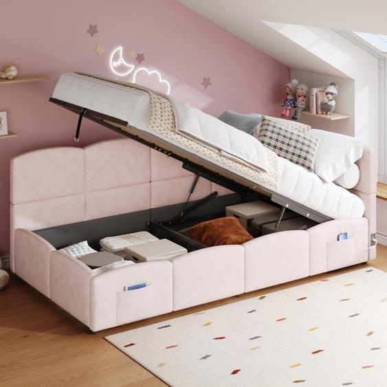 Sweiko lit rembourré, lit denfant,lit simple, lit de rangement, canapé-lit 90x200 cm, avec sommier à lattes, chargeur USB, sac de rangement, lit dadolescent et lit denfant adulte, velours,rose (sans matelas)