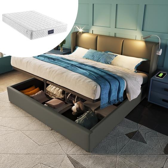 Sweiko Lit rembourré Tête de lit de rangement avec éclairage LED et station de recharge USB Sommier à lattes en bois massif 140x200 cm Lin gris (avec matelas)