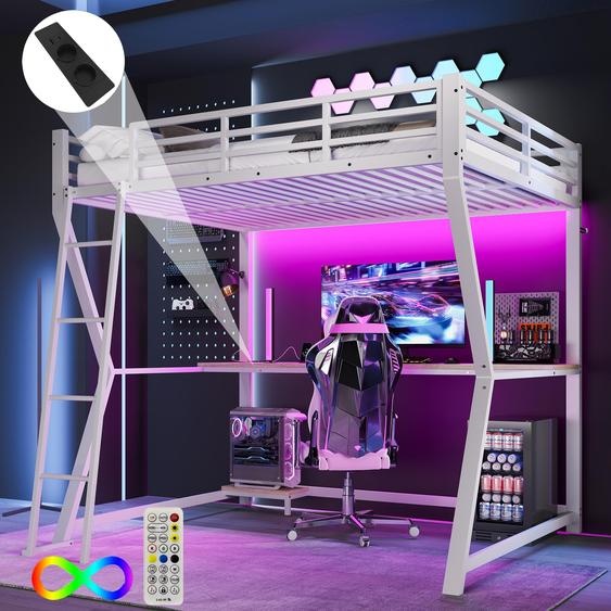 Sweiko Lit surélevé, 140x200cm , Avec lampes LED, tablette pour console dordinateur, bureau, prise électrique+USB, rampe, escalier, sans matelas, blanc