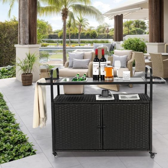 Sweiko Outdoor Bar Table, Wicker Bar Cart with Cabinet, Patio Serving Cart with steel Top, with one ice bucket, Lockable Wheels, Side Basket for Garden, Poolside & Backyard, Black
