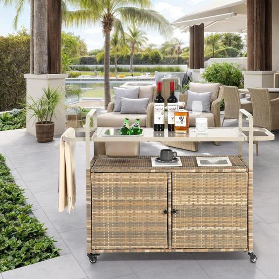 Sweiko Table de bar dextérieur, chariot de bar en osier avec armoire, chariot de service de patio avec dessus en acier, avec un seau à glace, roues verrouillables, panier latéral pour le jardin, le bord de la piscine et larrière-cour, Beige