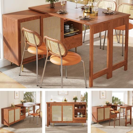 Sweiko Table haute pivotante à 360° (corps principal : 107 x 40 x 71,4 cm), table haute marron au design extensible, meuble de rangement avec porte en rotin + étagère de stockage ouverte, convient pour la cuisine et la salle à manger
