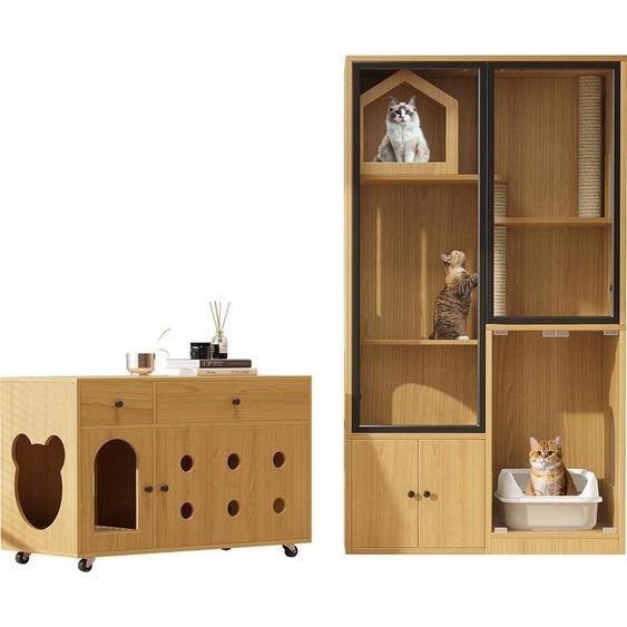 Sweiko villa pour chats + armoire à litière, ensemble de meubles pour animaux domestiques, maison en verre pour chats, armoire à litière pour chats, meuble adapté à plusieurs chats, couleur érable jaune