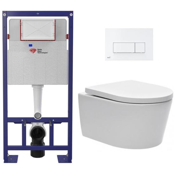 Swiss Aqua Technologies Pack WC bâti-autoportant + WC SAT sans bride fixations invisibles + Abattant softclose + Plaque blanche