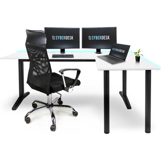 SyberDesk Gaming Bureau dangle V2 LED, 197 x 132 cm, table de jeu RGB en forme de L, hub USB, gestion des câbles, bureau informatique en forme de L, (droite, blanc)