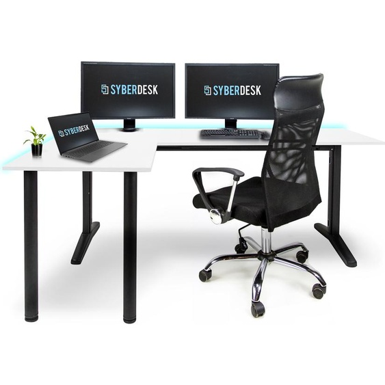 SyberDesk Gaming Bureau dangle V2 LED, 197 x 132 cm, table de jeu RGB en forme de L, hub USB, gestion des câbles, bureau informatique en forme de L, (gauche, blanc)
