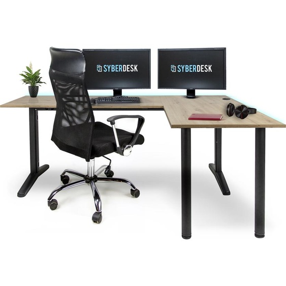 SyberDesk Gaming Bureau dangle V2 LED, 197 x 132 cm, table de jeu RGB en forme de L, hub USB, gestion des câbles, chêne Artisan, (style chêne droit)