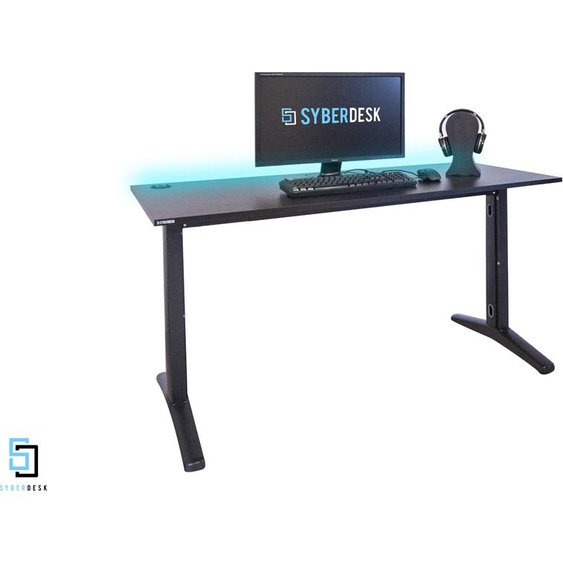 SyberDesk Gaming Table ULTRA LED USB 139x68 sur piètement massif avec système de gestion des câbles, bureau pour gamer, noir Gaming Table