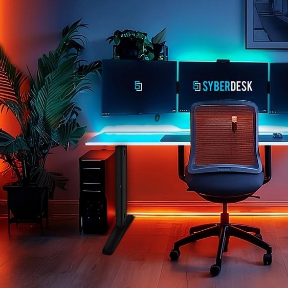 SyberDesk Gaming Table ULTRA LED USB 165x68 XXL sur châssis massif avec système de gestion des câbles, bureau pour gamer, blanc Gaming Table