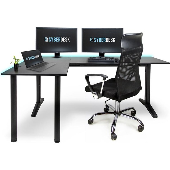 SyberDesk V2 LED corner gaming desk, 197 x 132 cm, RGB L-shaped gaming desk, USB HUB, cabling, L-shaped computer desk, (left, black)