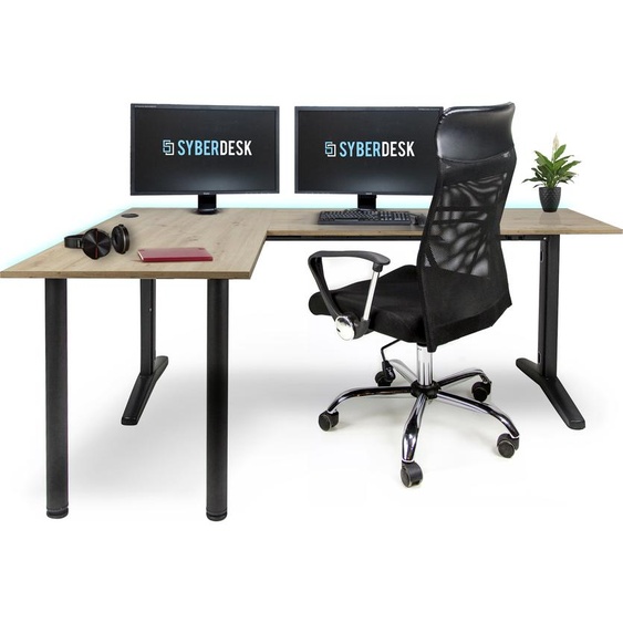 SyberDesk V2 Table de jeu dangle LED, 197 x 132 cm, table de jeu RVB en forme de L, HUB USB, gestion des câbles, (gauche, chêne artisanal)