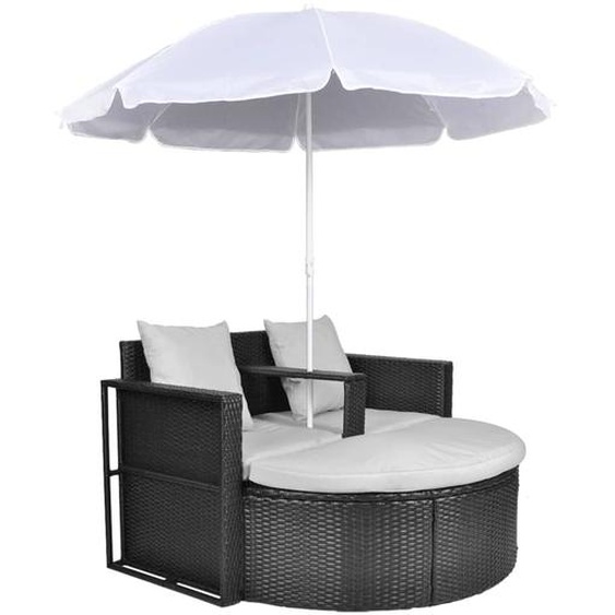 Lit de jardin avec parasol Noir Résine tressée