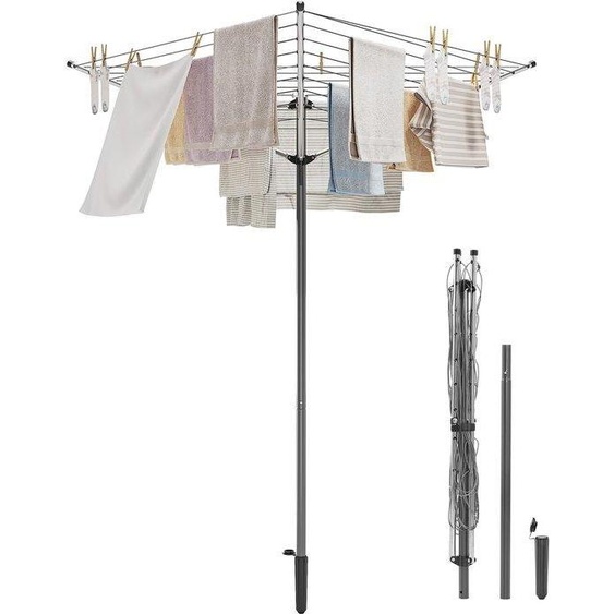 SYKIARIOL 30 m, étendoir à 3 bras, étendoir pliable, séchoir dextérieur avec piquet et ficelle, étendoir robuste, étendoir antidérapant, gris