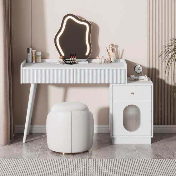 SYKT Coiffeuse Moderne Avec Miroir LED, Table De Maquillage Blanc,Vanité Pour Fille, 3 Tiroirs 1 Porte, 100x40x75cm (sans Tabouret)