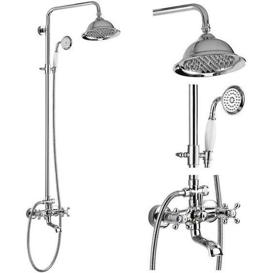 Système de douche avec robinet à 3 fonctions, finition chrome, en acier inoxydable, comprenant une douchette de plafond et une douchette à main