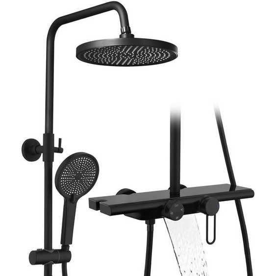 Système de douche avec robinet et étagère en verre, noir, 25 cm. Douche à effet pluie