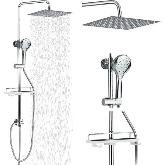 Système de douche Barre de douche carrée en acier inoxydable 30 x 30 cm Douchette à main avec 3 types de jet Étagère chromée Montage facile