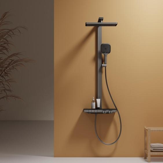 Système de douche EMKE avec thermostat, anthracite mat - Débit deau réglable, douche de pluie 36x24 cm, douchette à main avec 4 jets