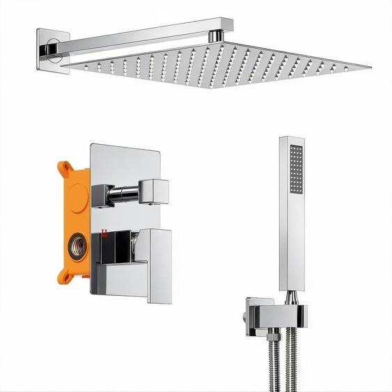 Système de douche encastré de 25 cm, comprenant une douche de plafond et une douchette à main, finition chromée