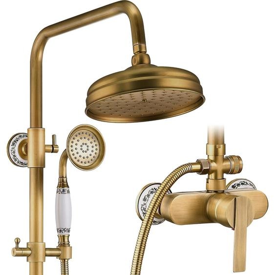 Système de douche, robinet de douche, finition laiton vieilli, couleur or vintage, pommeau de douche de 20 cm