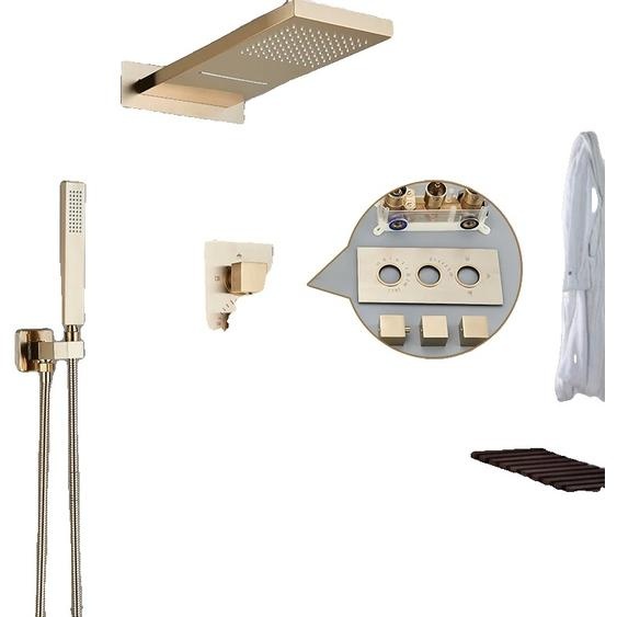 Système de douche thermostatique, finition élégante en laiton, montage mural , or brossé