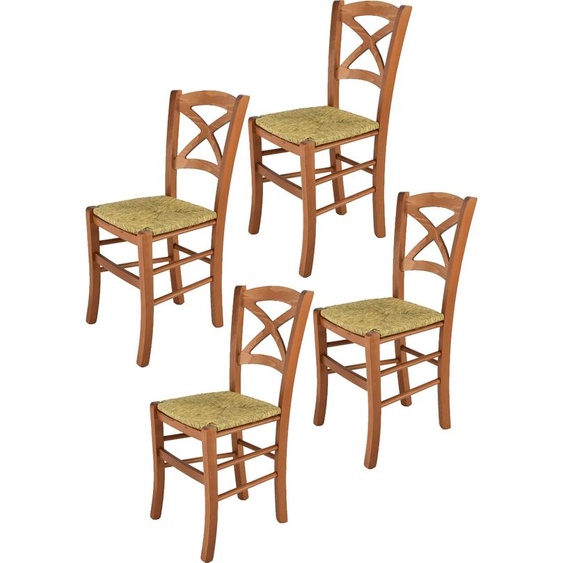 t m c s Tommychairs - Set de 4 chaises CROSS pour la cuisine et la salle à manger, structure robuste en bois de hêtre laqué couleur cerisier et assise en paille