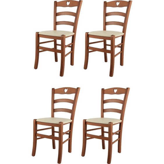 t m c s Tommychairs - Set de 4 chaises CUORE pour la cuisine et la salle à manger, Structure robuste en bois de hêtre laqué couleur cerisier et assise rembourrée recouverte de similicuir couleur ivoire