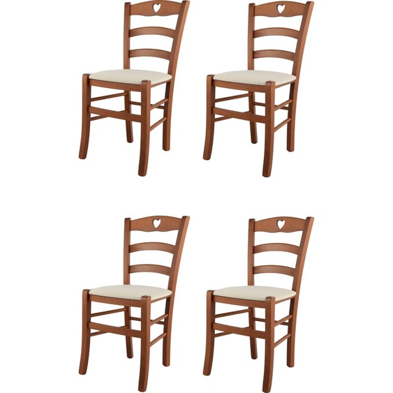 t m c s Tommychairs - Set de 4 chaises CUORE pour la cuisine et la salle à manger, Structure robuste en bois de hêtre laqué couleur cerisier et assise rembourrée recouverte de tissu couleur ivoire