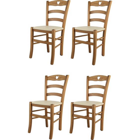 t m c s Tommychairs - Set de 4 chaises CUORE pour la cuisine et la salle à manger, Structure robuste en bois de hêtre laqué couleur chêne et assise rembourrée recouverte de similicuir couleur ivoire