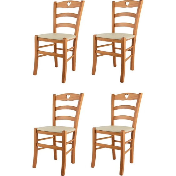 t m c s Tommychairs - Set de 4 chaises CUORE pour la cuisine et la salle à manger, Structure robuste en bois de hêtre laqué couleur miel et assise rembourrée recouverte de similicuir couleur ivoire