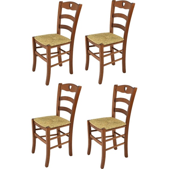 t m c s Tommychairs - Set de 4 chaises CUORE pour la cuisine et la salle à manger, structure robuste en bois de hêtre laqué dans la teinte brun noyer clair et assise en paille