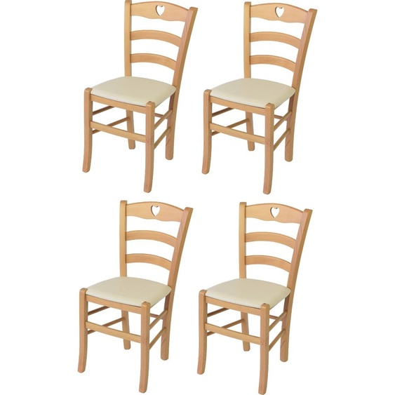 t m c s Tommychairs - Set de 4 chaises CUORE pour la cuisine et la salle à manger, Structure robuste en bois de hêtre laqué dans la teinte naturelle et assise rembourrée recouverte de similicuir dans la teinte ivoire